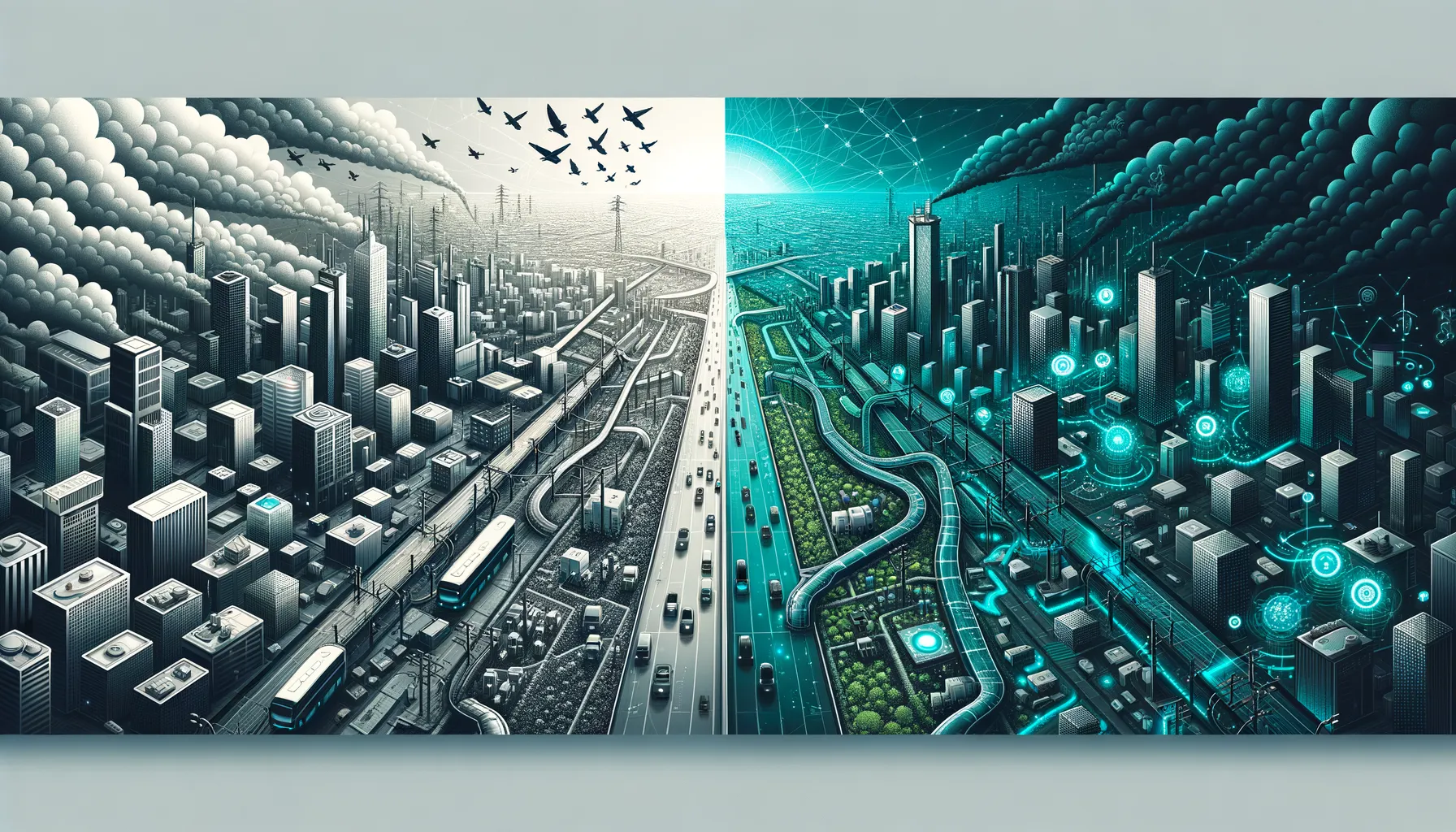 Split digital art: dark side shows tech dangers, bright side highlights smart city benefits.