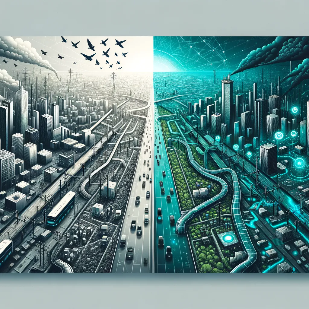 Split digital art: dark side shows tech dangers, bright side highlights smart city benefits.