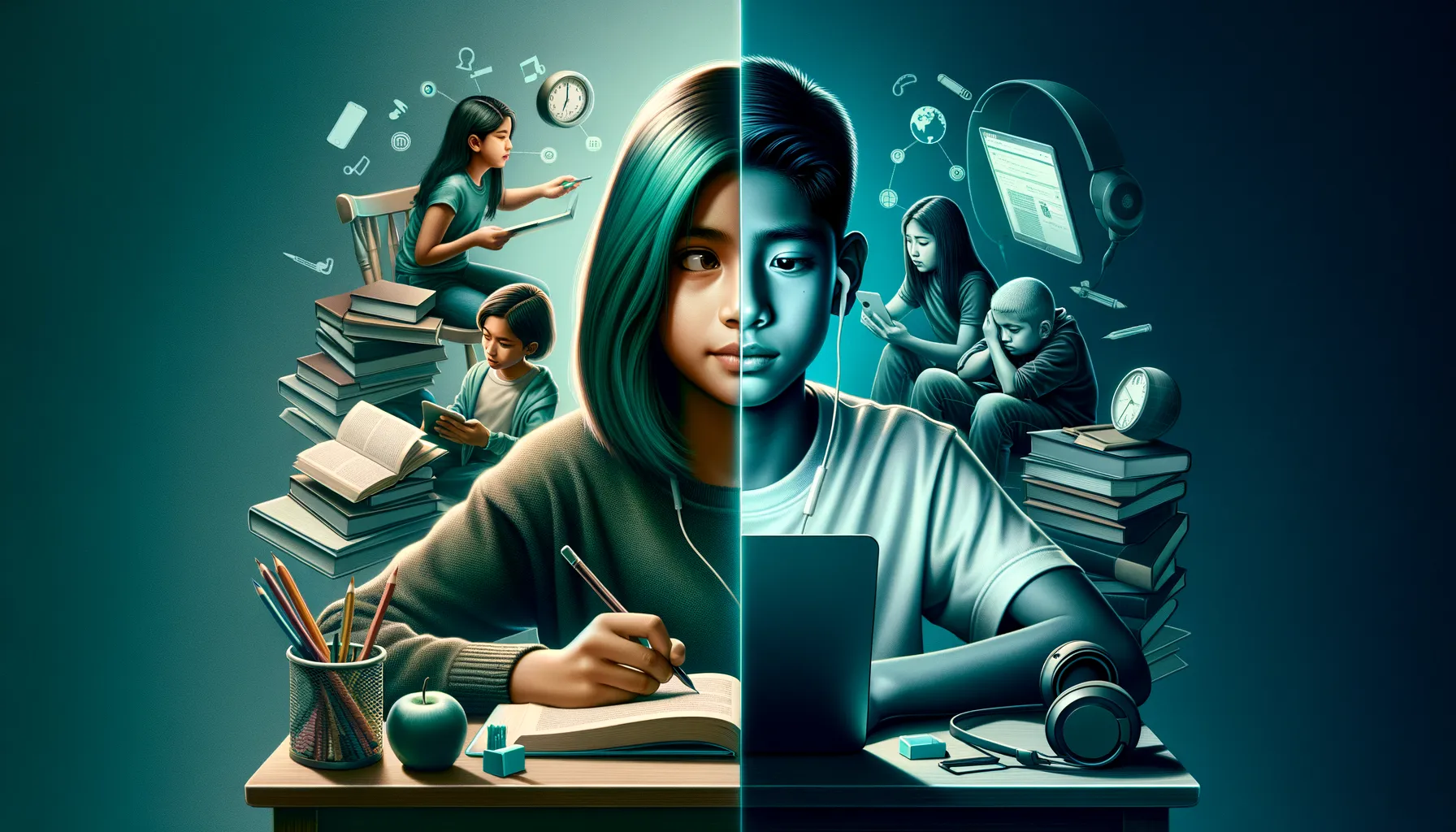 Digital art illustrating virtual education: confident South Asian girl vs struggling Hispanic boy. Dark teal accents.