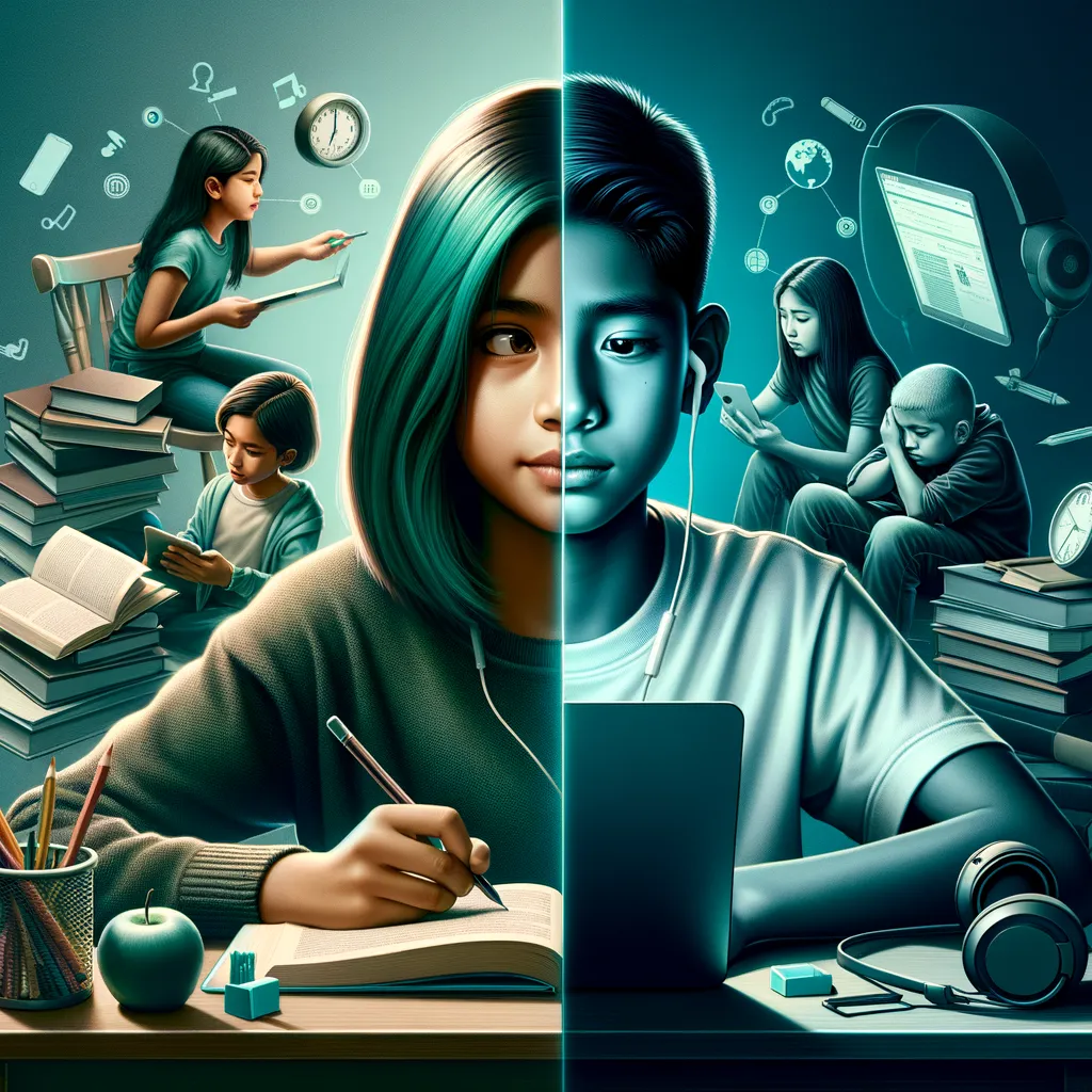 Digital art illustrating virtual education: confident South Asian girl vs struggling Hispanic boy. Dark teal accents.