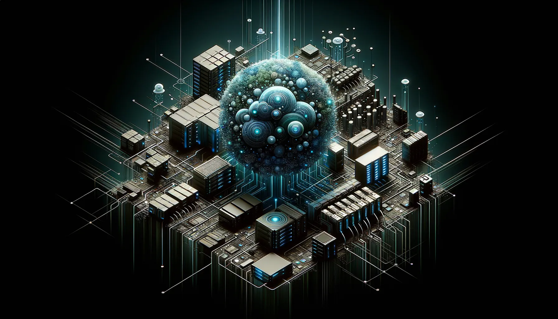 Abstract art of edge computing: servers and networks in dark hues with teal accents.