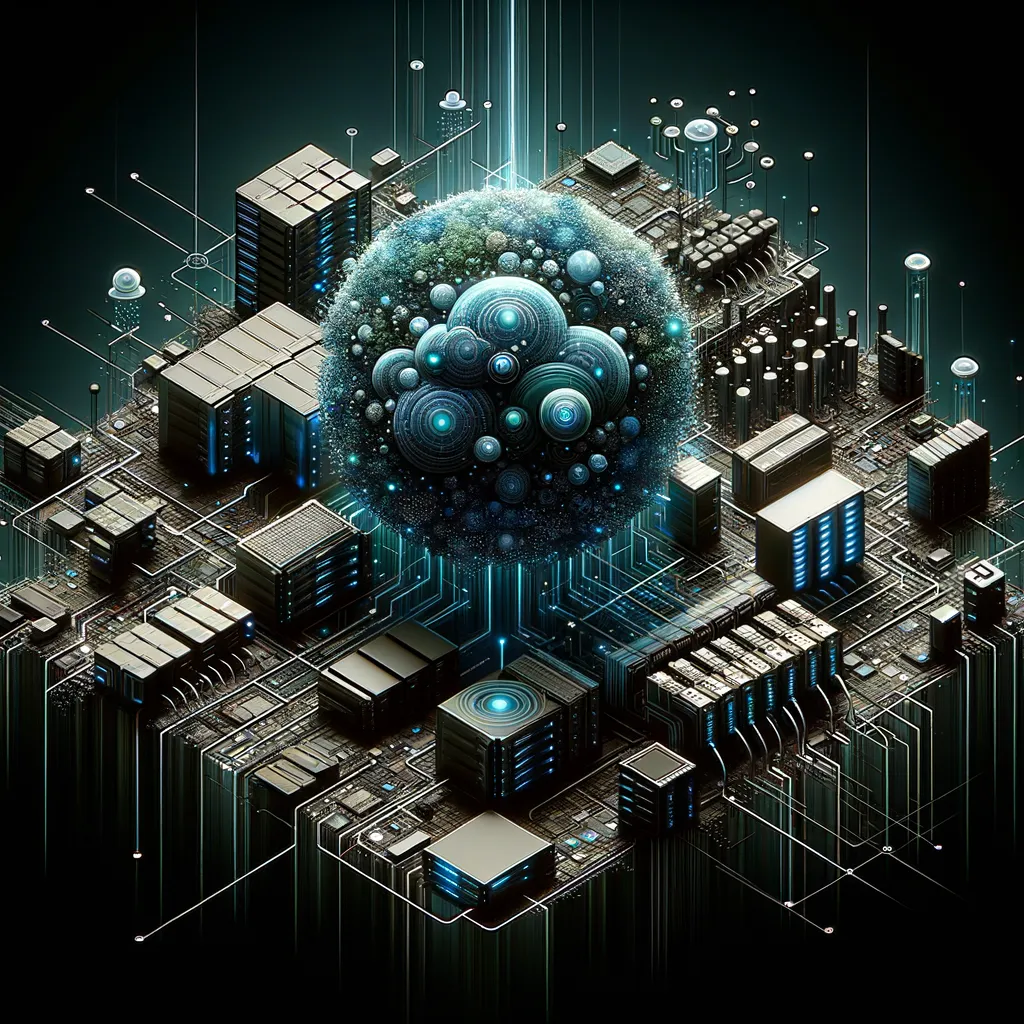 Abstract art of edge computing: servers and networks in dark hues with teal accents.