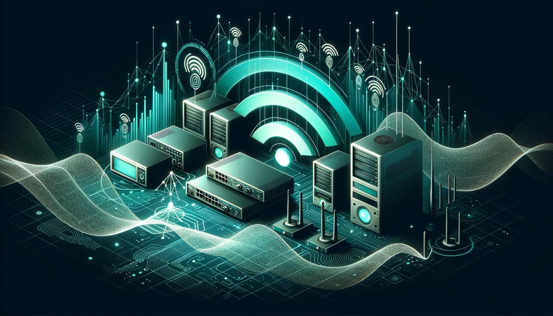 Detailed digital art banner depicting wireless networking technology with dark ambiance and teal accents.