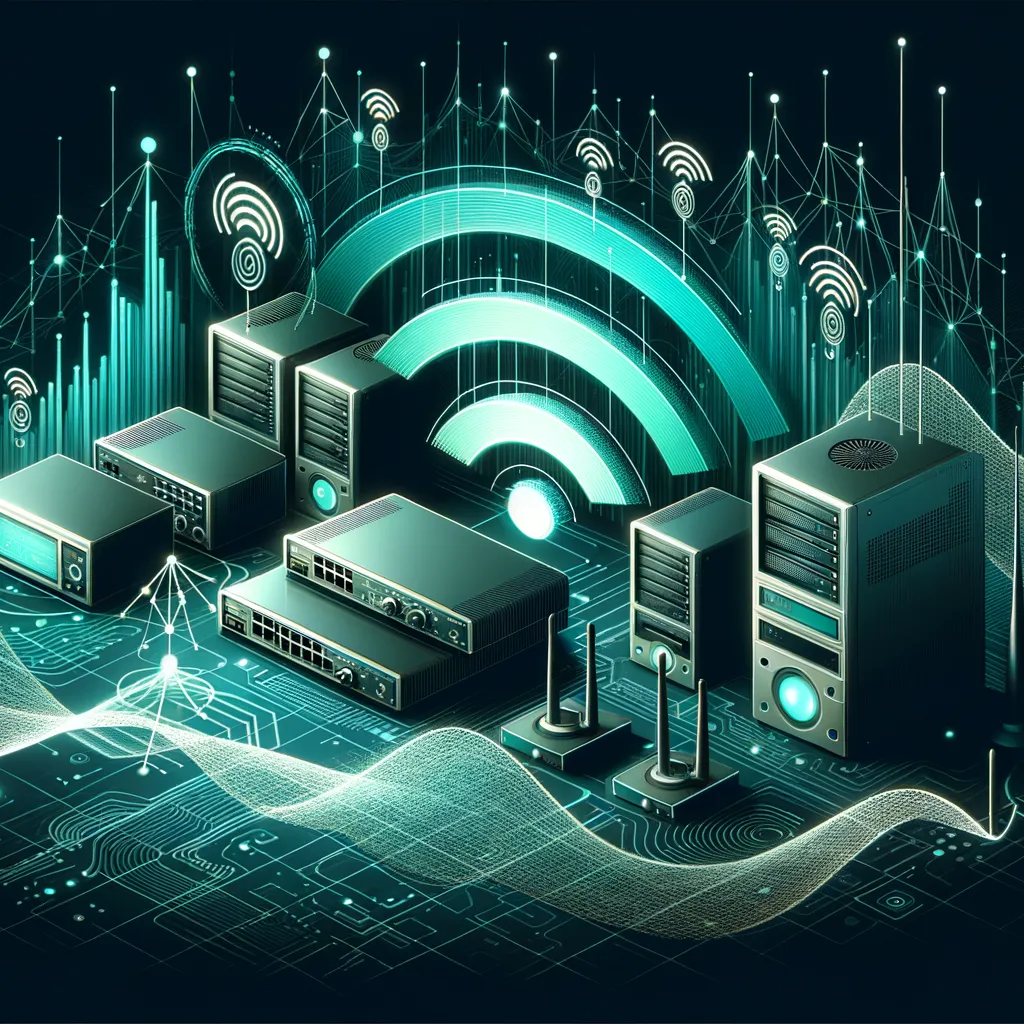 Detailed digital art banner depicting wireless networking technology with dark ambiance and teal accents.