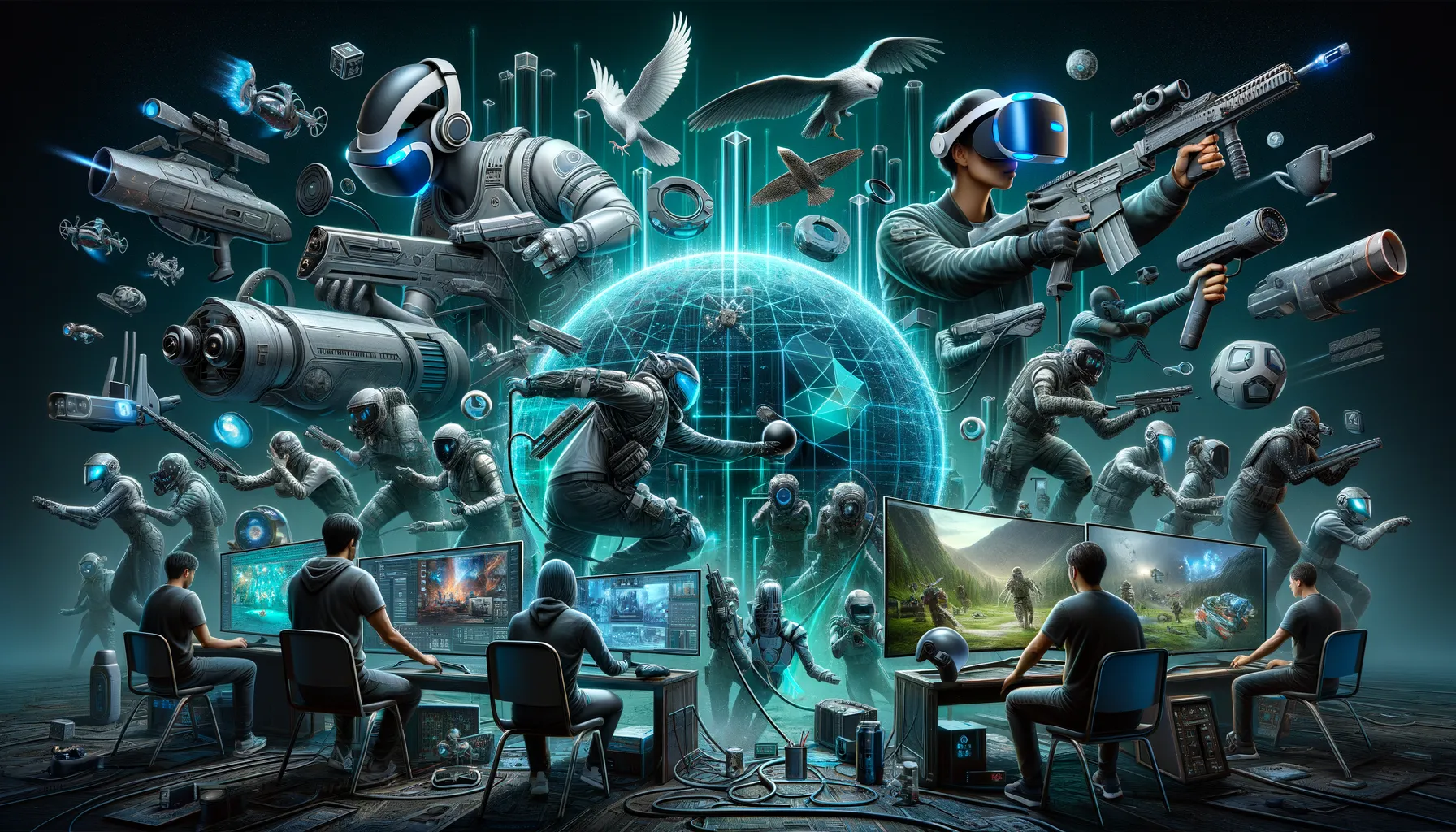 Digital art banner of diverse gamers in immersive gaming environment with futuristic technology.