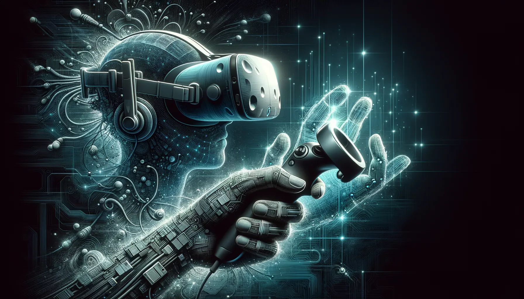 Dark image of VR headsets and controllers with teal accents over abstract tech background.