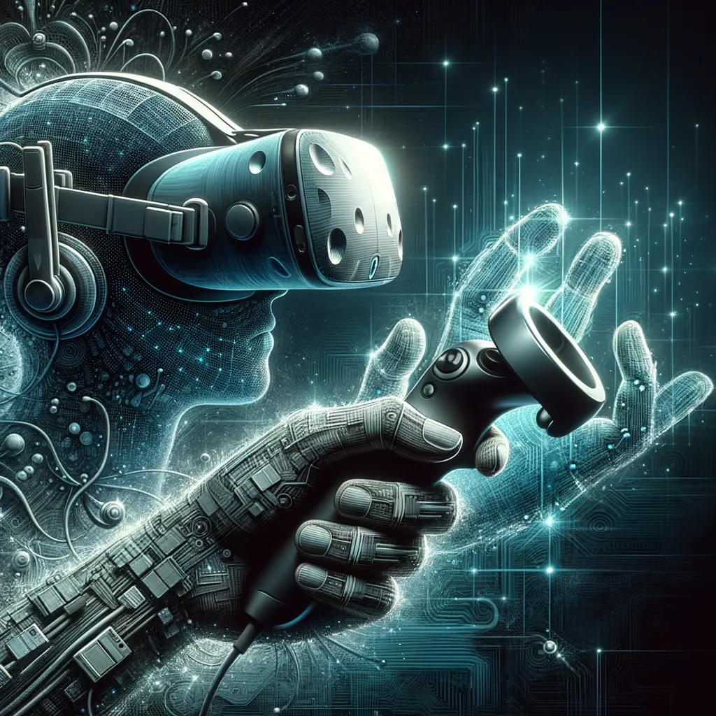 Dark image of VR headsets and controllers with teal accents over abstract tech background.
