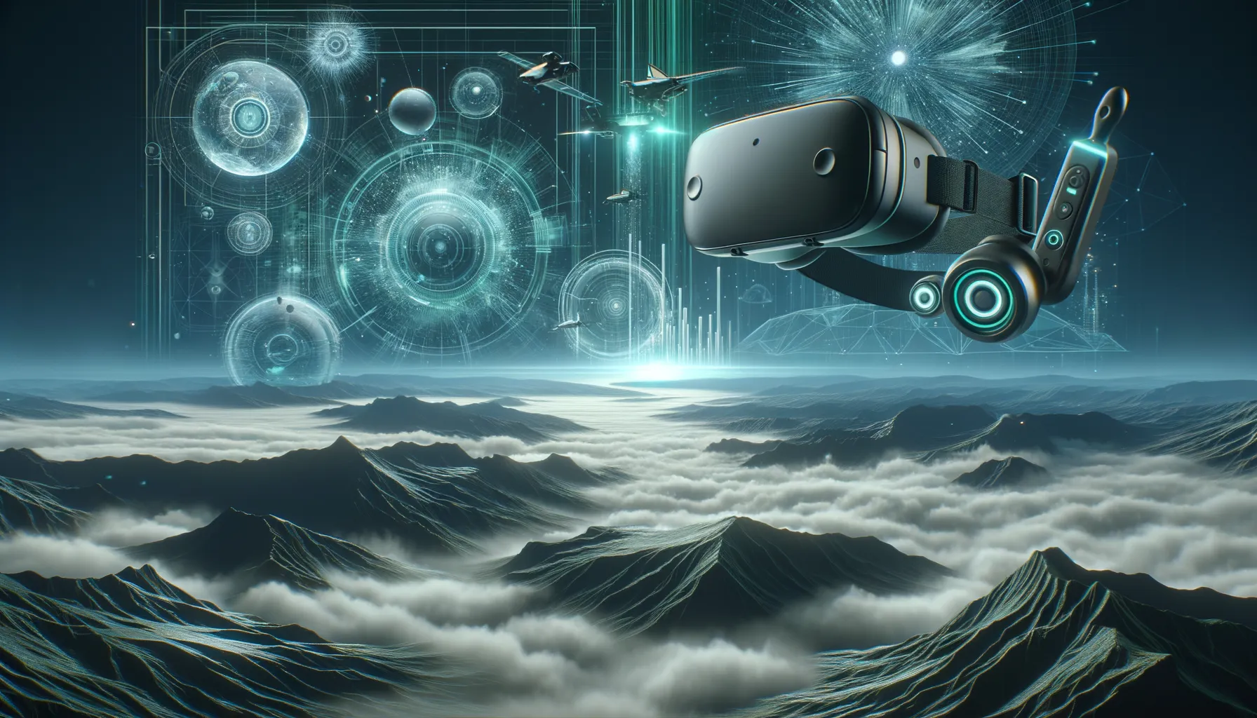 Imaginative digital art showcasing VR technology trends in dark colors with teal accents.