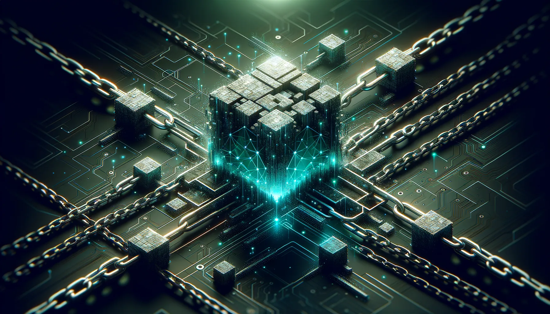 Blockchain technology concept art with chains & cryptic designs, dark tones & teal accents.