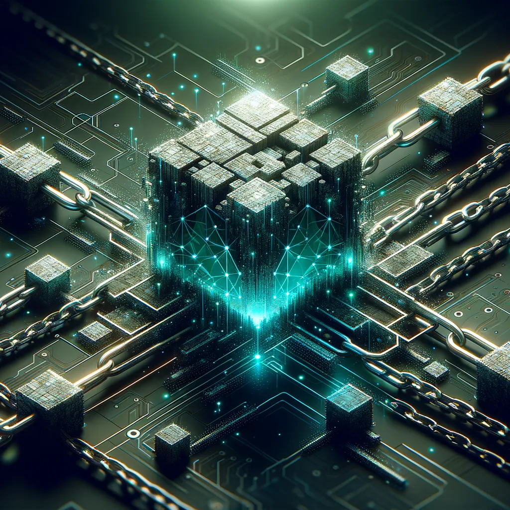 Blockchain technology concept art with chains & cryptic designs, dark tones & teal accents.