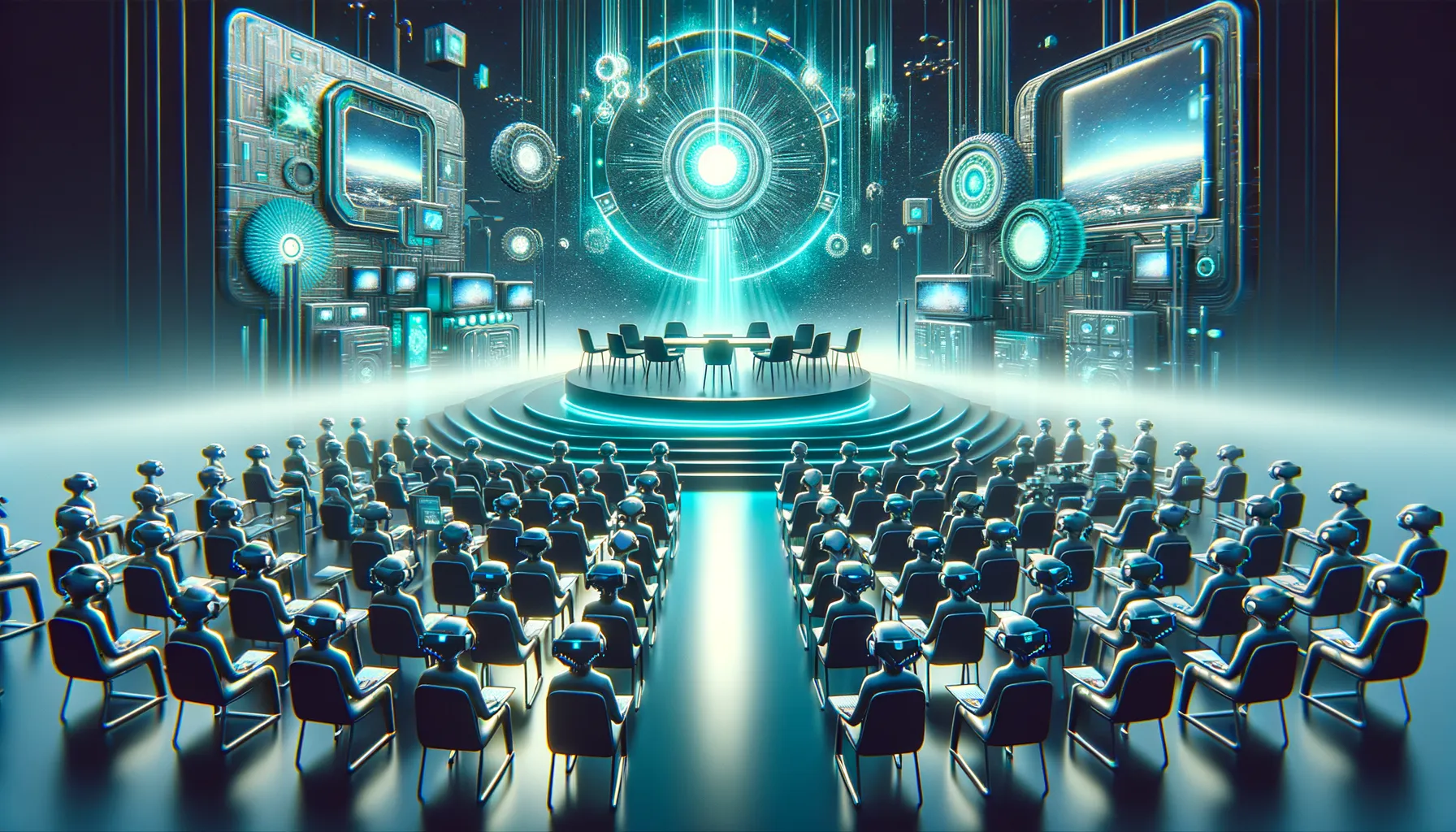 Futuristic VR conference banner, diverse avatars floating holograms amid dark-teal neon technology.