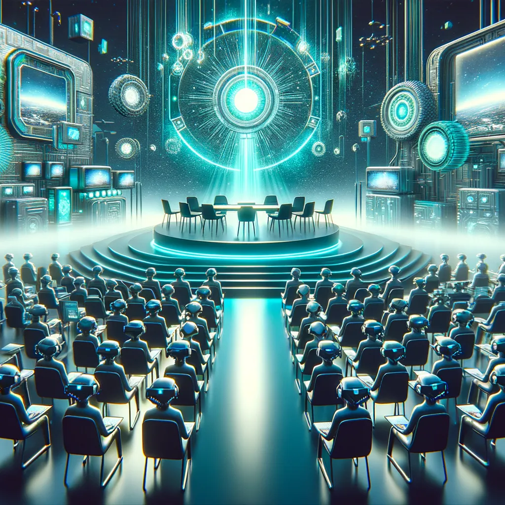 Futuristic VR conference banner, diverse avatars floating holograms amid dark-teal neon technology.