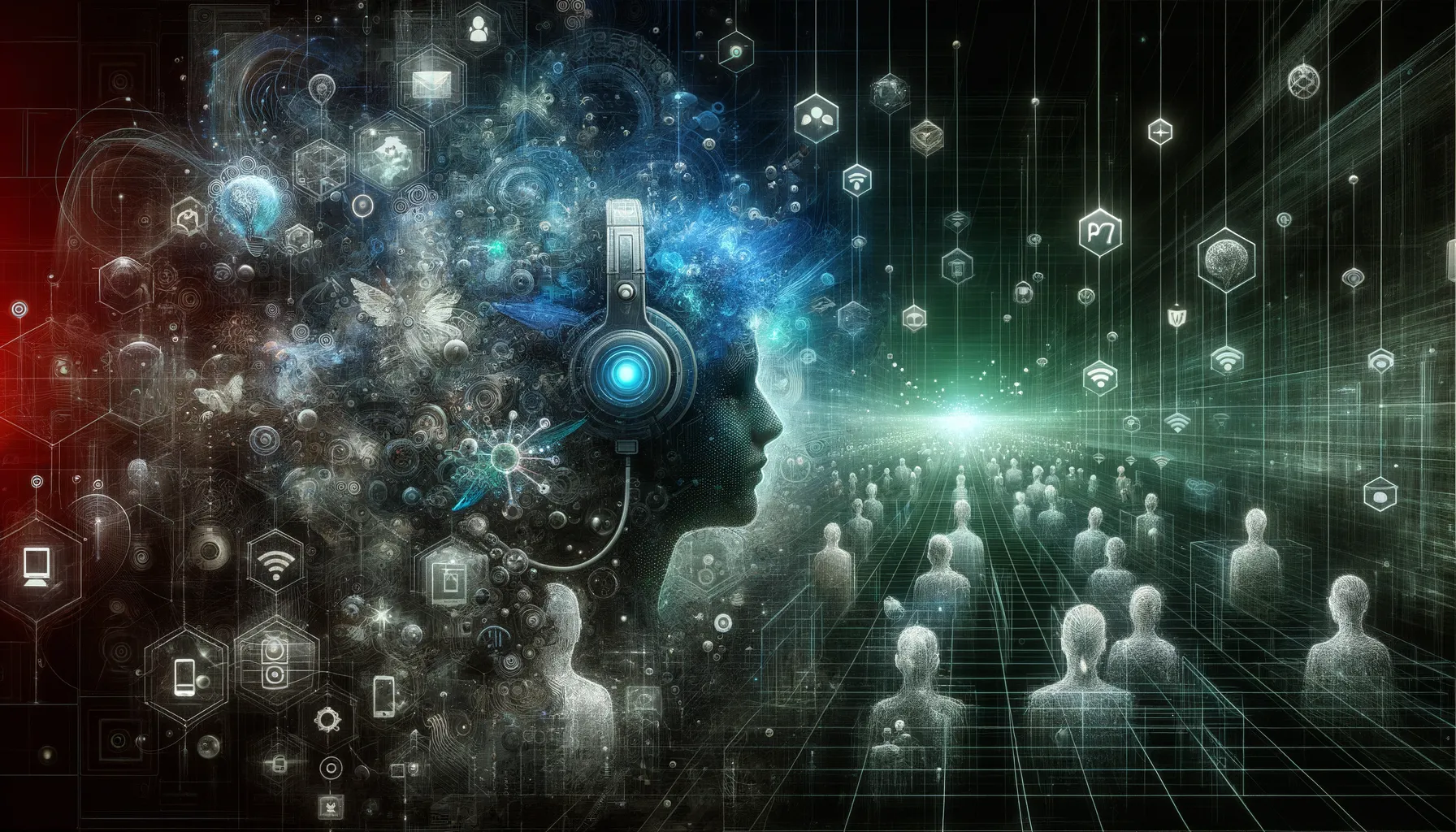 Digital art of diverse individuals in VR headsets, surrounded by pulsing teal energy patterns.