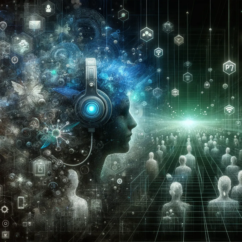 Digital art of diverse individuals in VR headsets, surrounded by pulsing teal energy patterns.