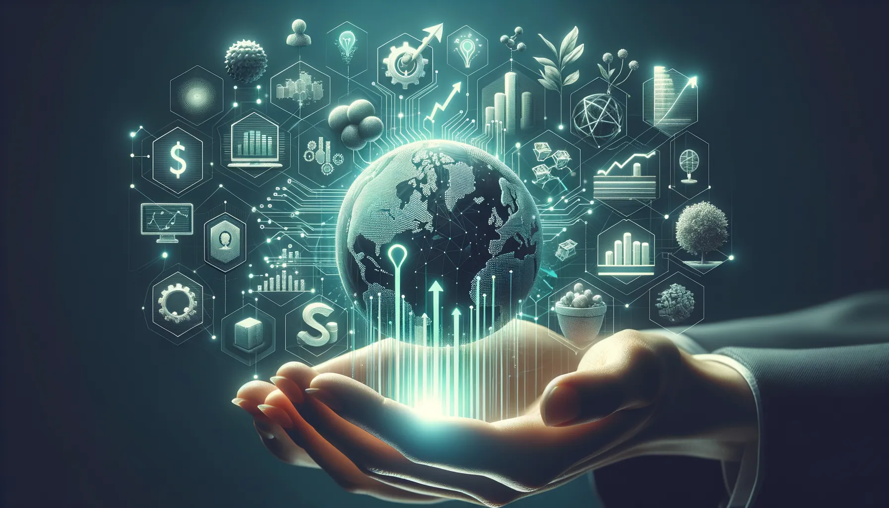 Dark SaaS dashboard with teal-accented cloud icons, analytics charts, and upward growth arrows.