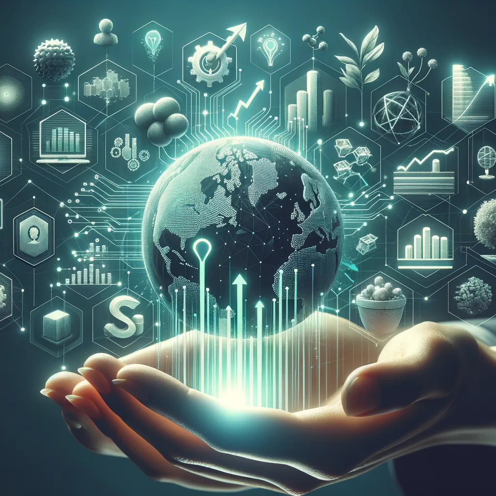 Dark SaaS dashboard with teal-accented cloud icons, analytics charts, and upward growth arrows.