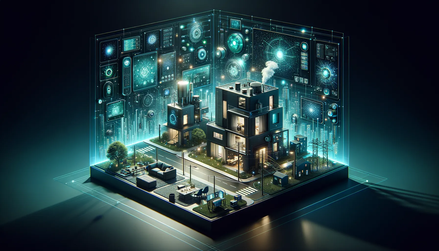 Photorealistic dark blog banner: modern home interior with teal-lit smart devices.
