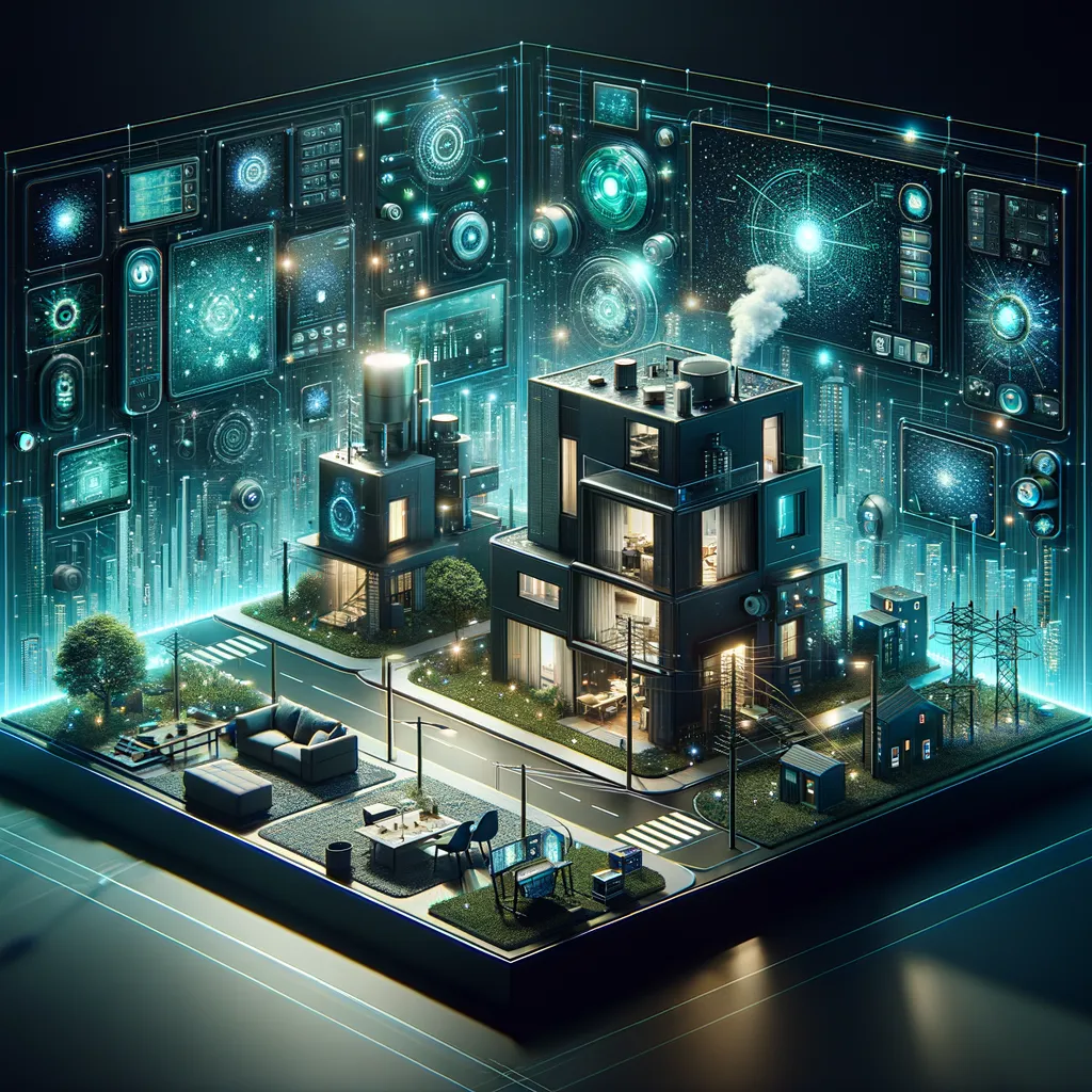 Photorealistic dark blog banner: modern home interior with teal-lit smart devices.