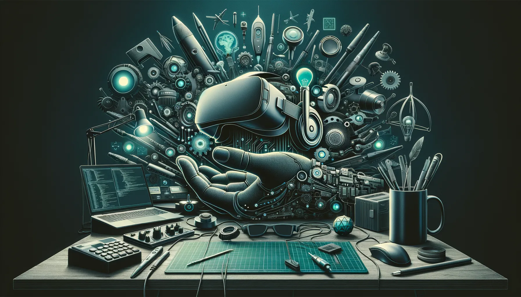 Dark workspace with VR headset, VR tools; teal accents highlight virtual reality development.