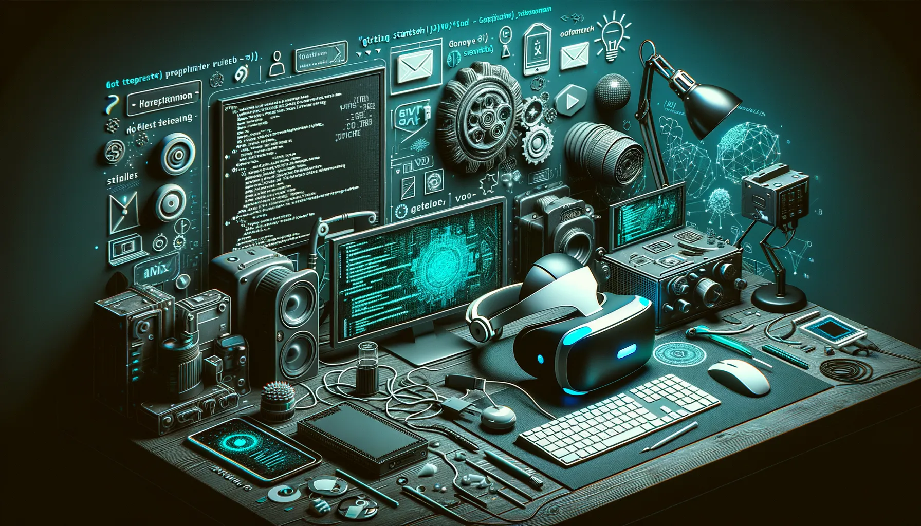 A dark scene with teal accents featuring a VR headset, code, and 3D graphics.