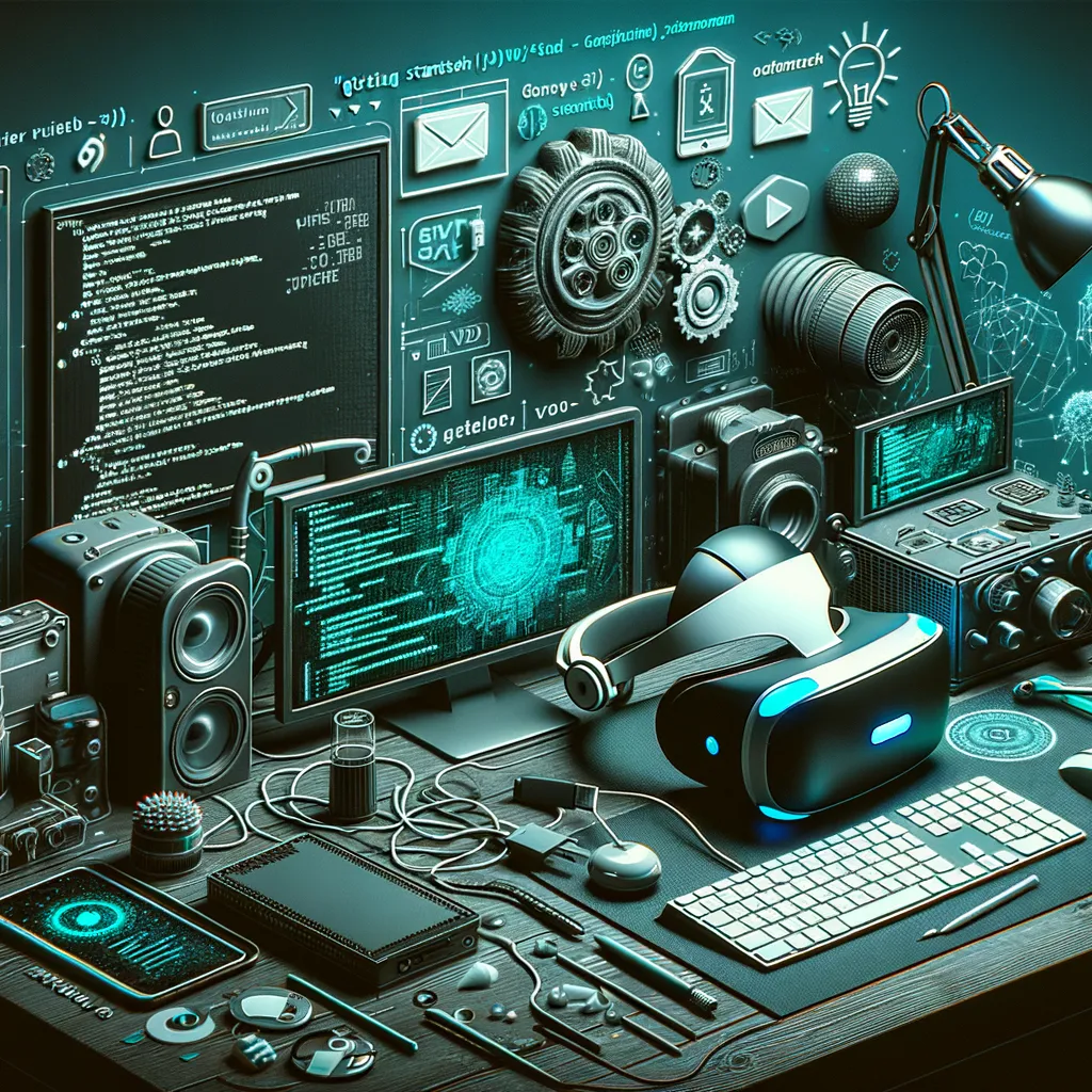 A dark scene with teal accents featuring a VR headset, code, and 3D graphics.