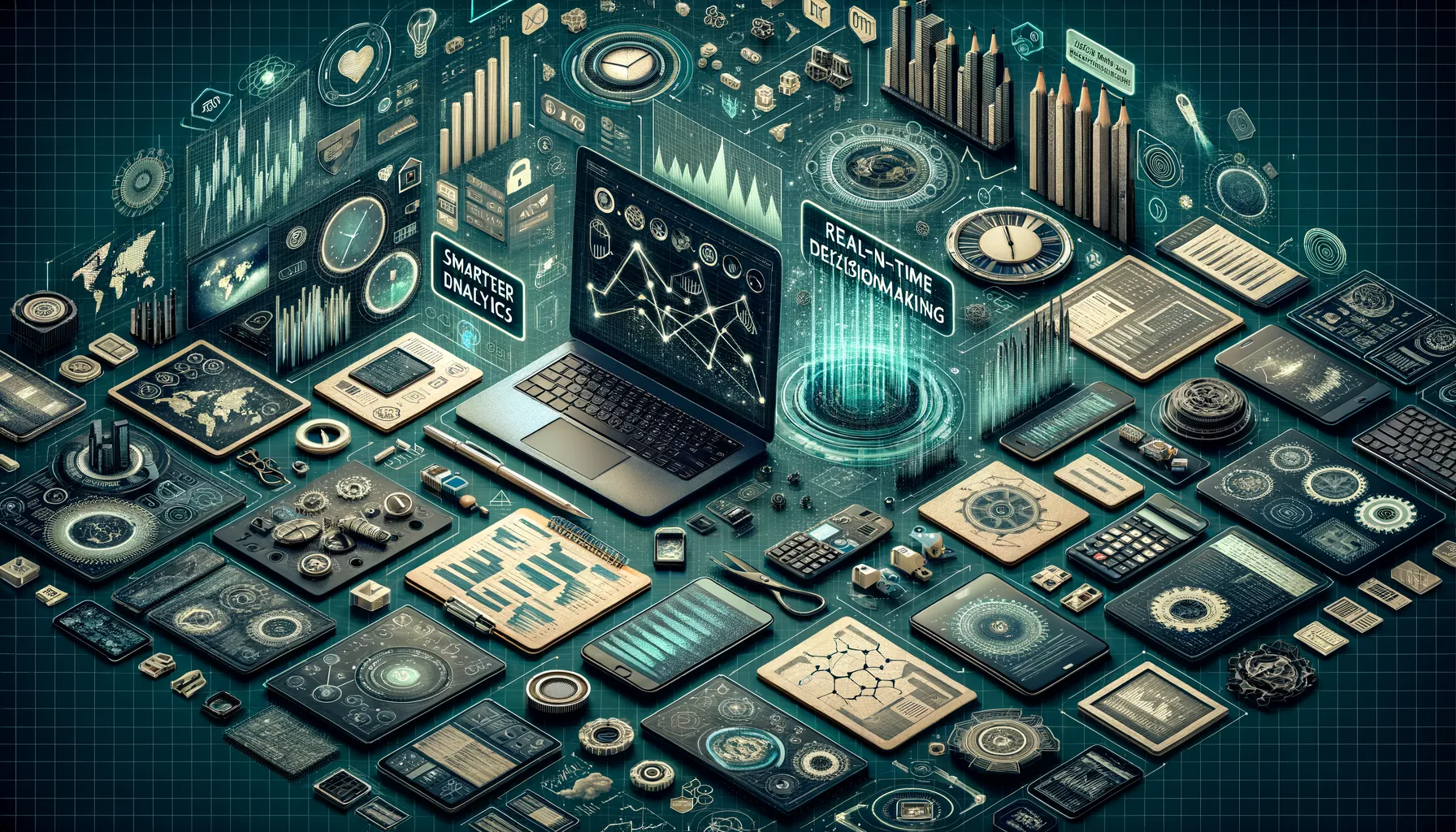 Dark tech banner with teal-accented charts, graphs, real-time dashboards on laptops and tablets.