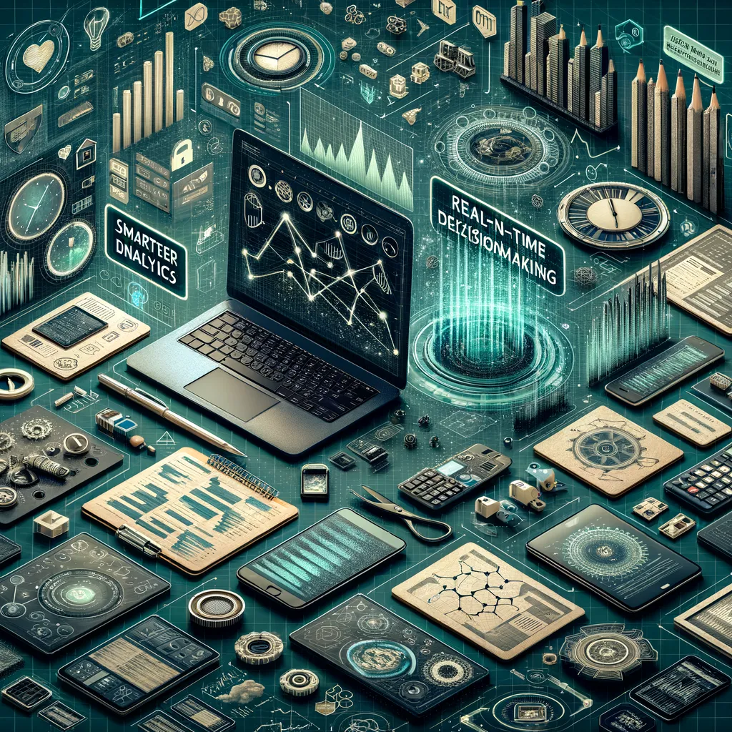 Dark tech banner with teal-accented charts, graphs, real-time dashboards on laptops and tablets.