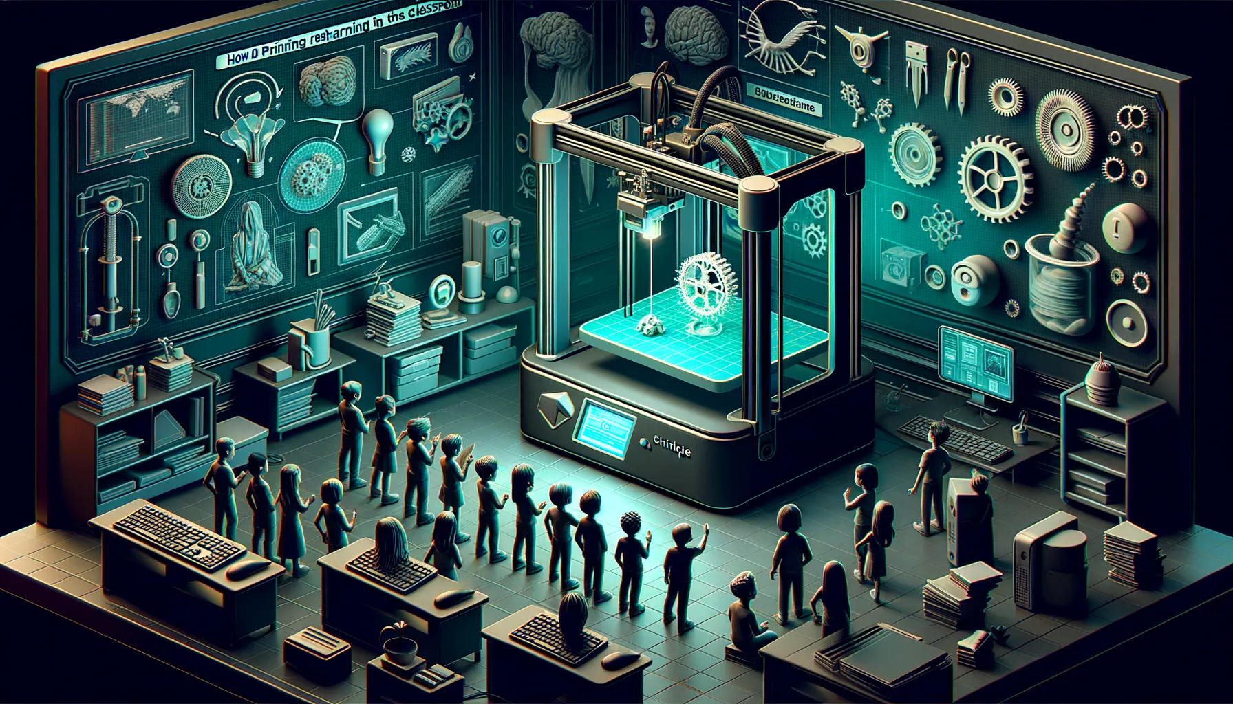 Dark, teal-accented classroom: diverse children watch 3D printer create educational model, tech background.