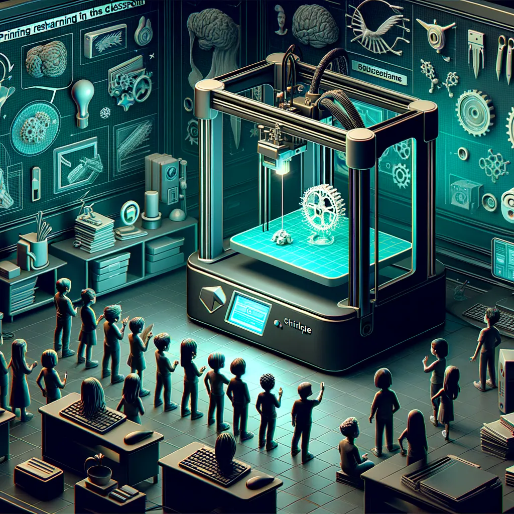 Dark, teal-accented classroom: diverse children watch 3D printer create educational model, tech background.