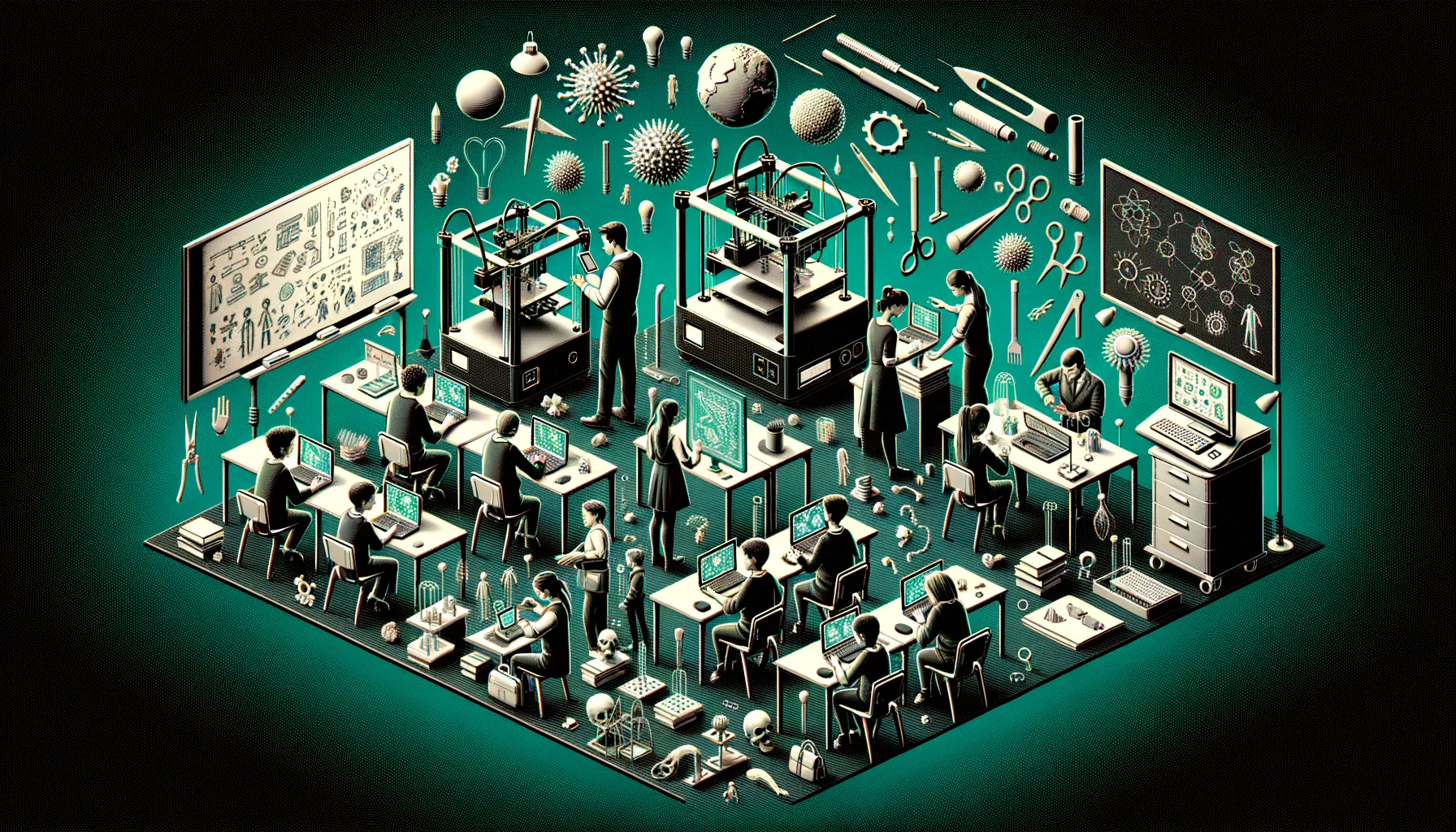 Dark classroom banner: diverse students and teachers 3D-print teal-accented models transforming learning.