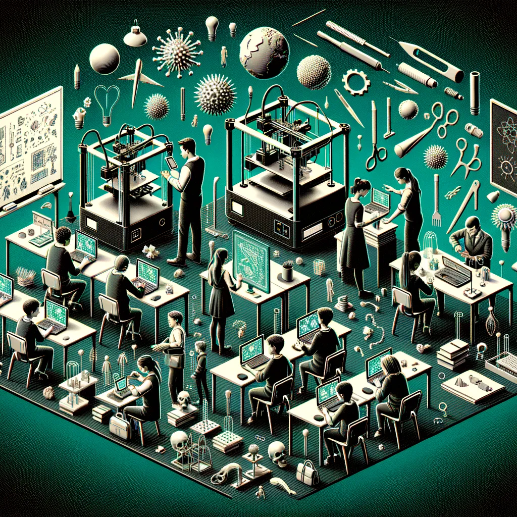 Dark classroom banner: diverse students and teachers 3D-print teal-accented models transforming learning.