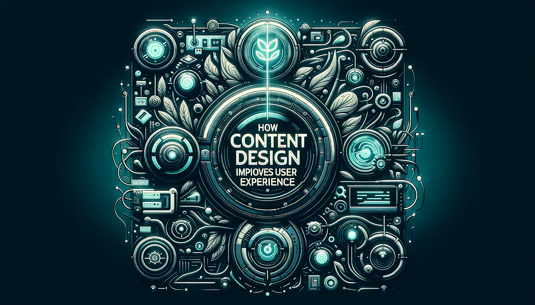 Dark banner intertwining content design, user experience, and tech with light teal highlights.