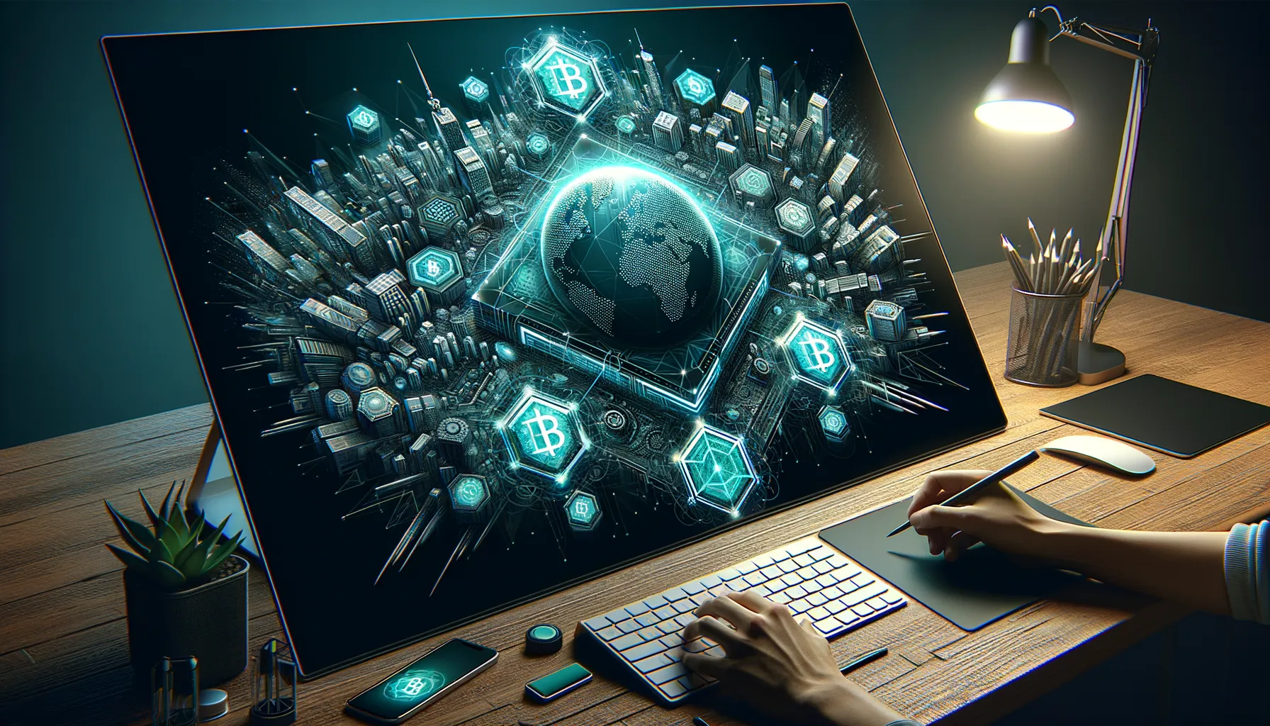 Dark, photorealistic tech banner depicting decentralized finance networks transforming global markets, teal highlights.