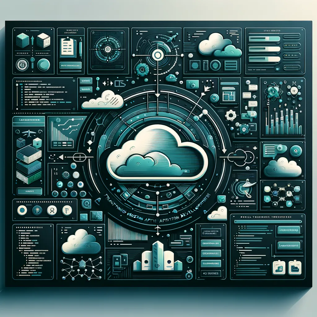 Dark, teal-accented banner with abstract diagrams, code, and icons on serverless app development.