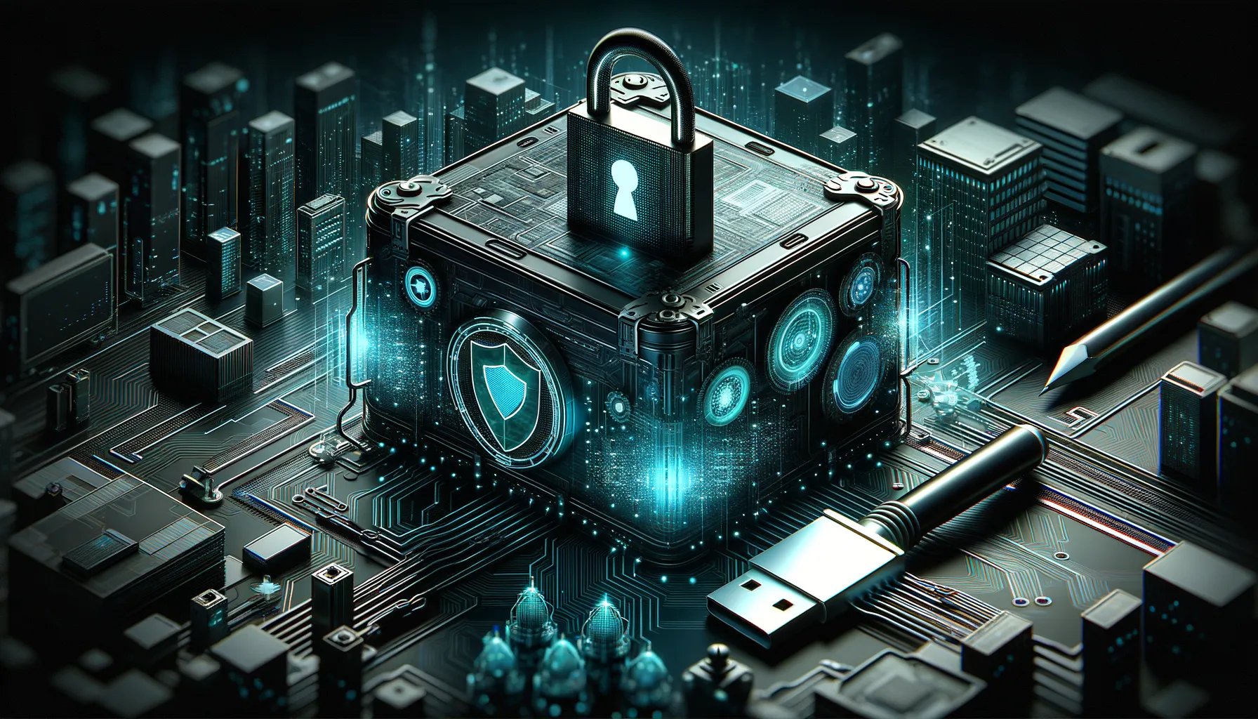 Dark, photorealistic tech banner: teal-glowing shield over data nodes, implying robust protection.