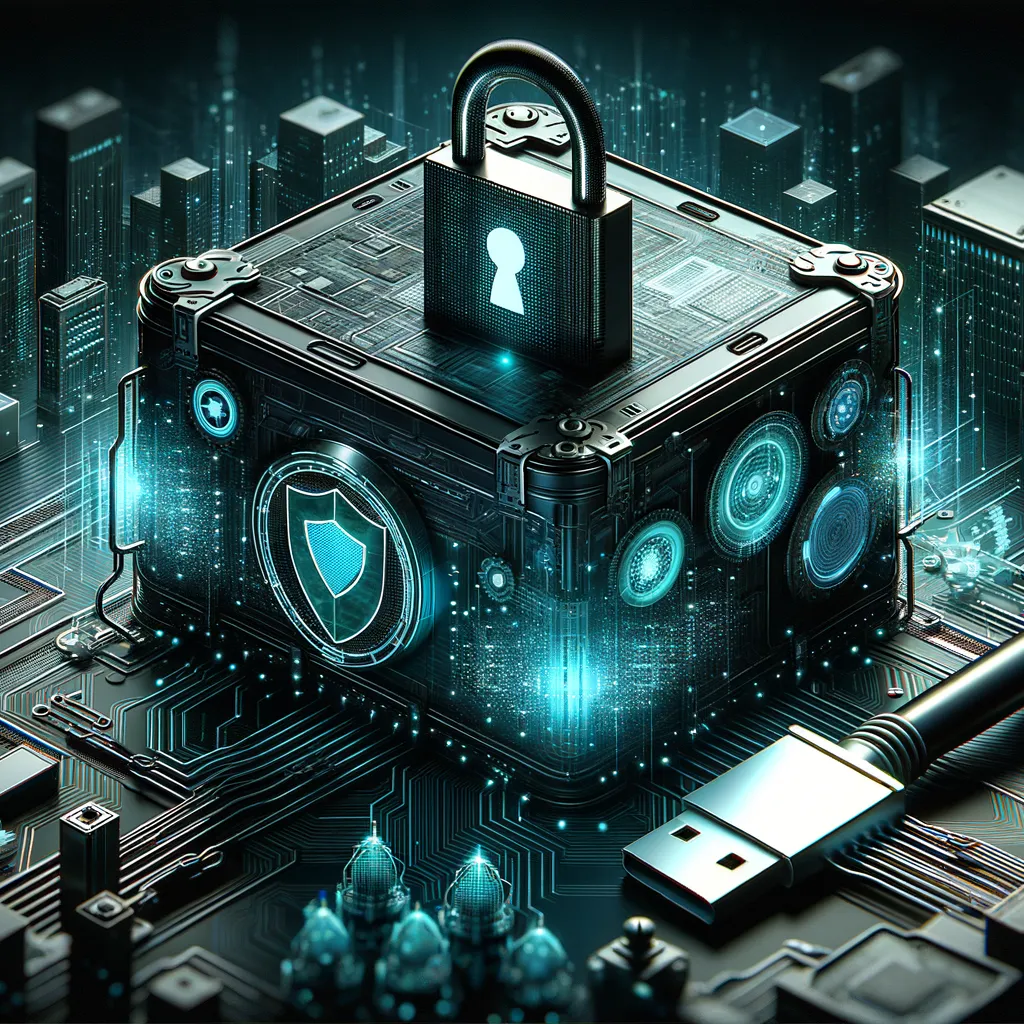 Dark, photorealistic tech banner: teal-glowing shield over data nodes, implying robust protection.