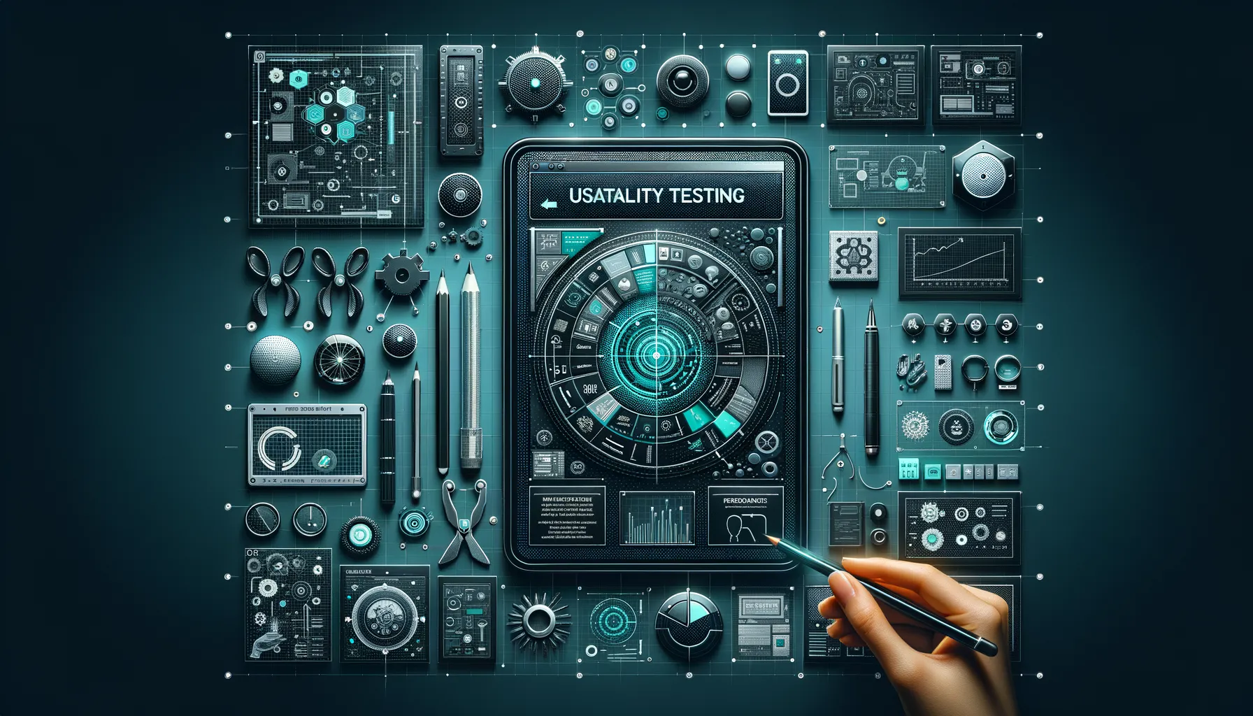 Dark teal-accented banner showing usability testing results, design schematics, and refined product interfaces.
