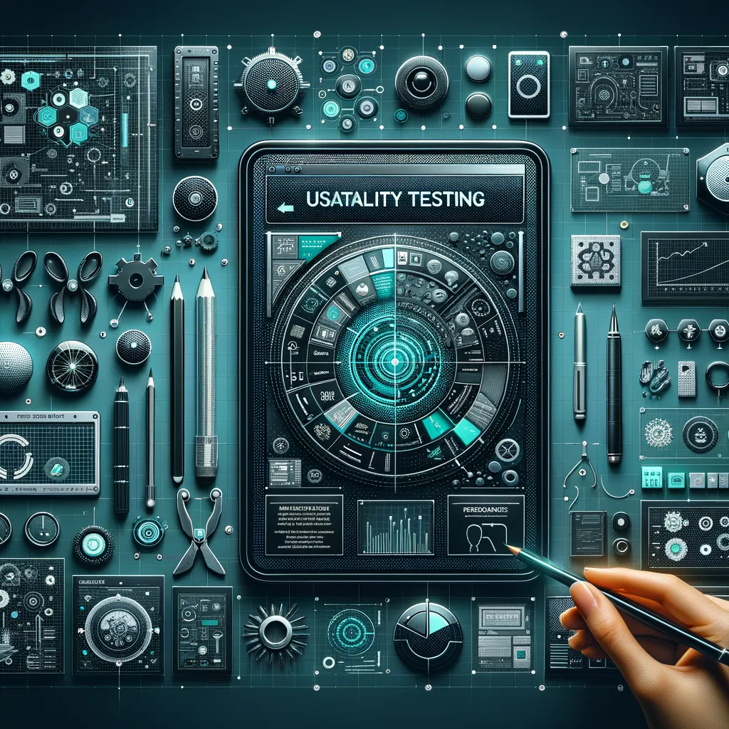 Dark teal-accented banner showing usability testing results, design schematics, and refined product interfaces.