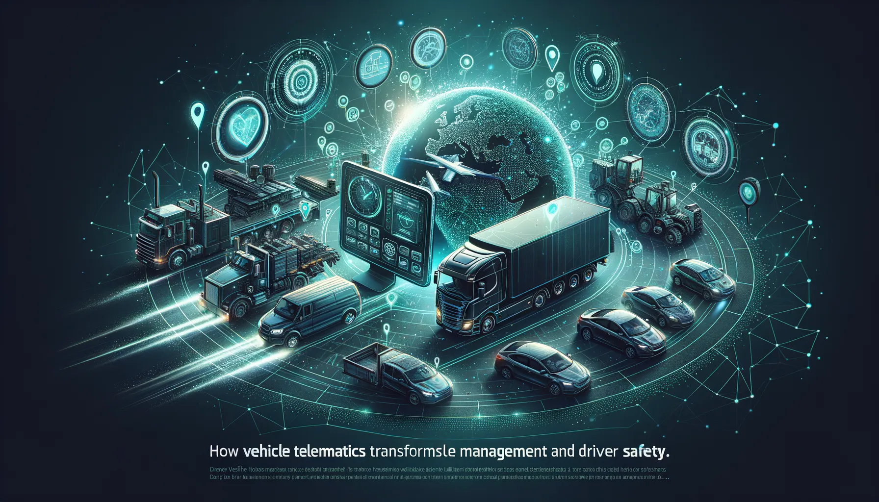 Dark teal-accented banner illustrating telematics devices, fleet vehicles, GPS overlays, safety-equipped driver.