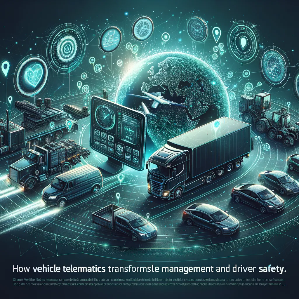 Dark teal-accented banner illustrating telematics devices, fleet vehicles, GPS overlays, safety-equipped driver.