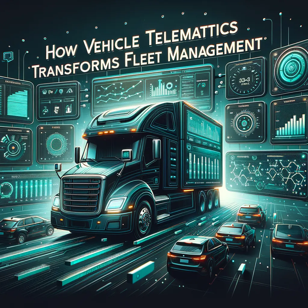 Dark dashboard displaying teal telematics data, futuristic elements illustrating fleet management transformation.