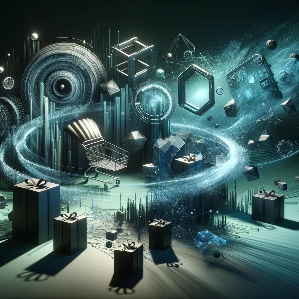 Abstract teal-lit digital shapes on dark background depict dynamic, transformative virtual reality shopping revolution.