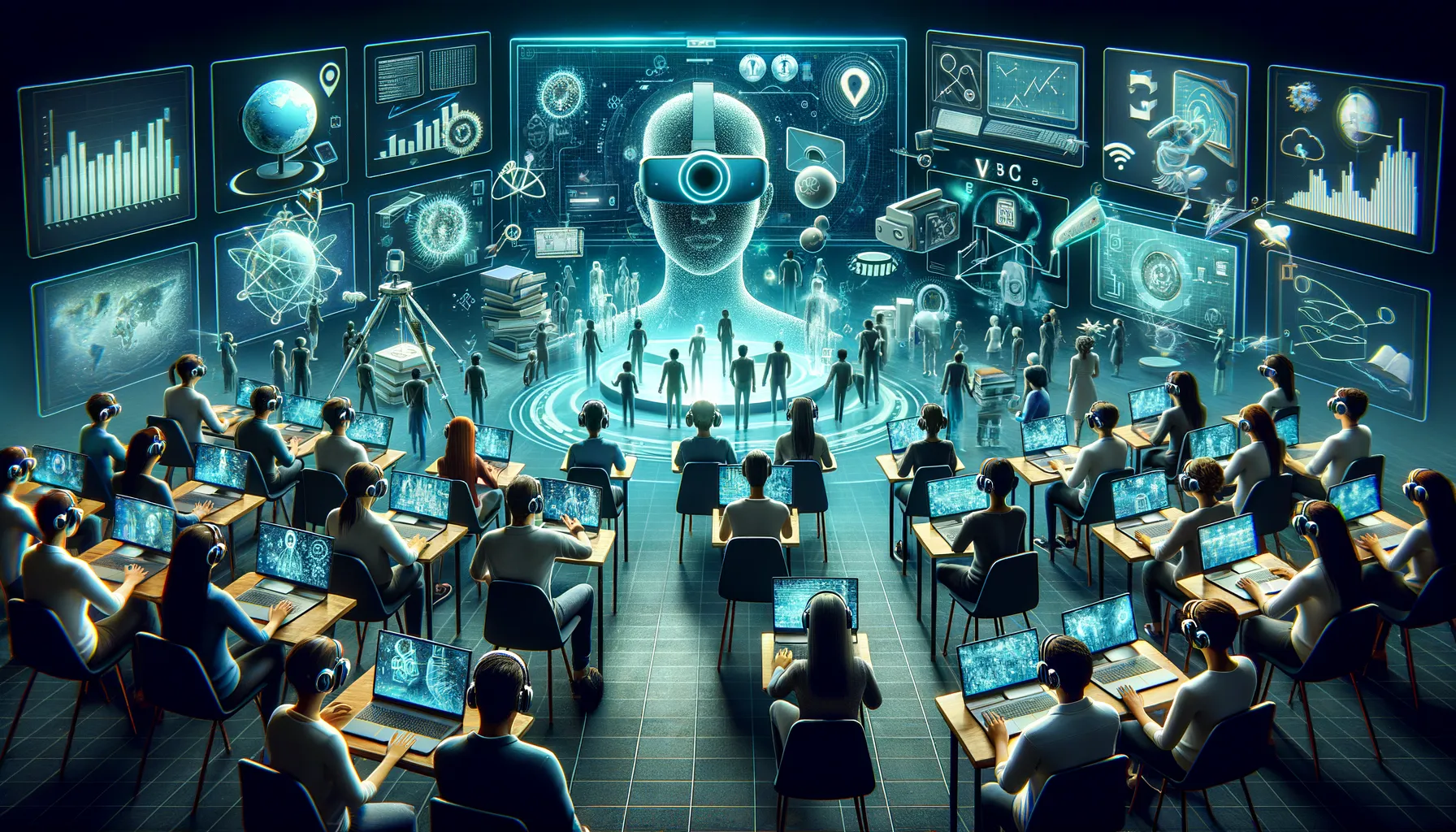 Diverse learners in VR headsets engage with teal-lit holographic books, graphs, 3D models.
