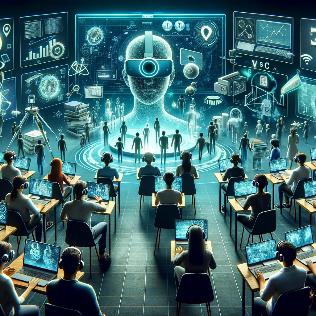 Diverse learners in VR headsets engage with teal-lit holographic books, graphs, 3D models.
