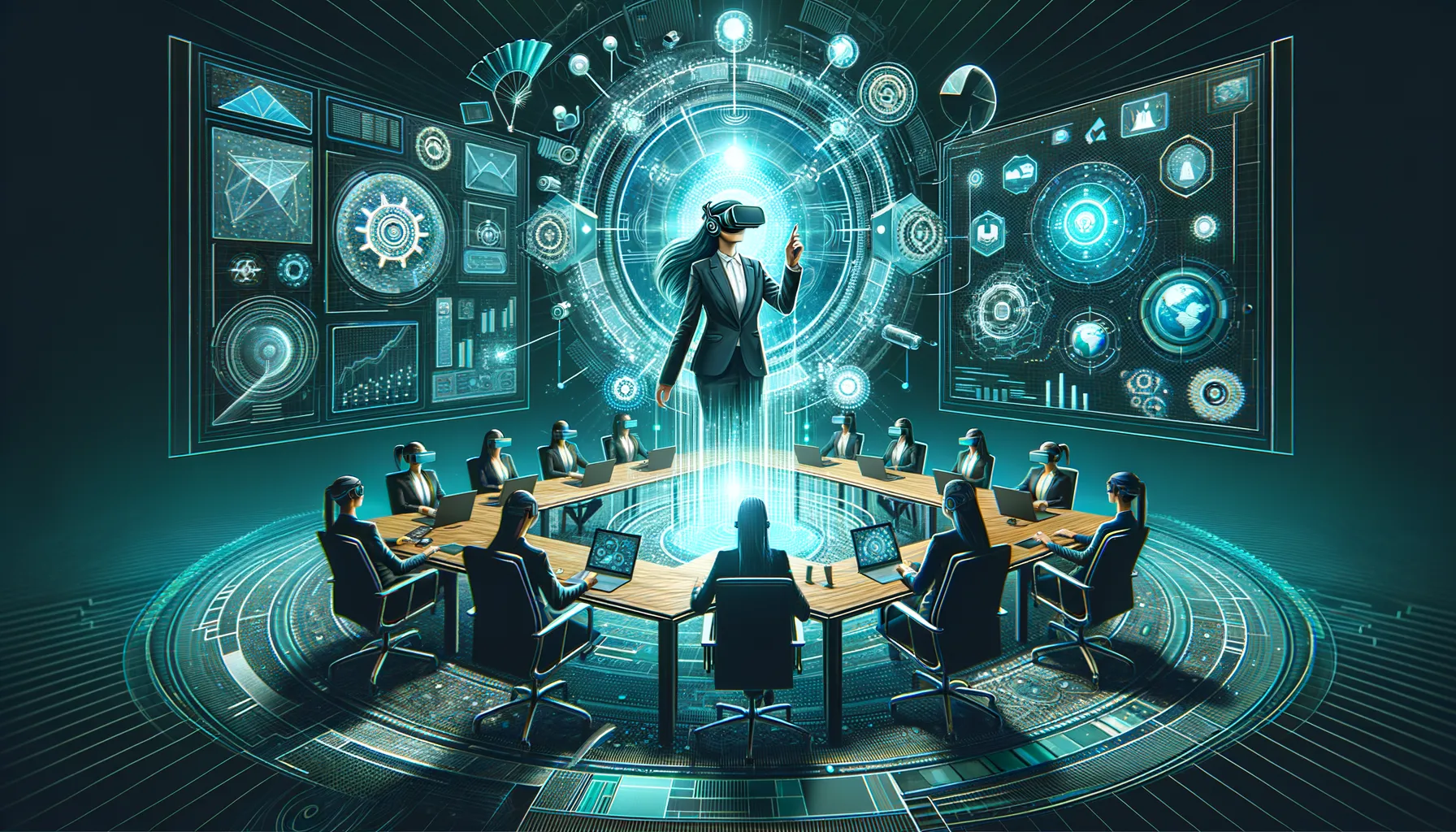 Virtual reality meeting highlighting technological advancement with dark and teal accents.