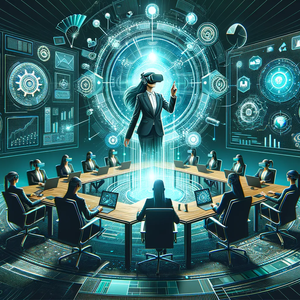 Virtual reality meeting highlighting technological advancement with dark and teal accents.