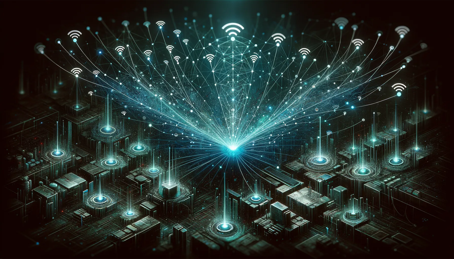 Dark digital banner: teal wireless nodes and intricate connections illustrating networking's mechanisms and impact.