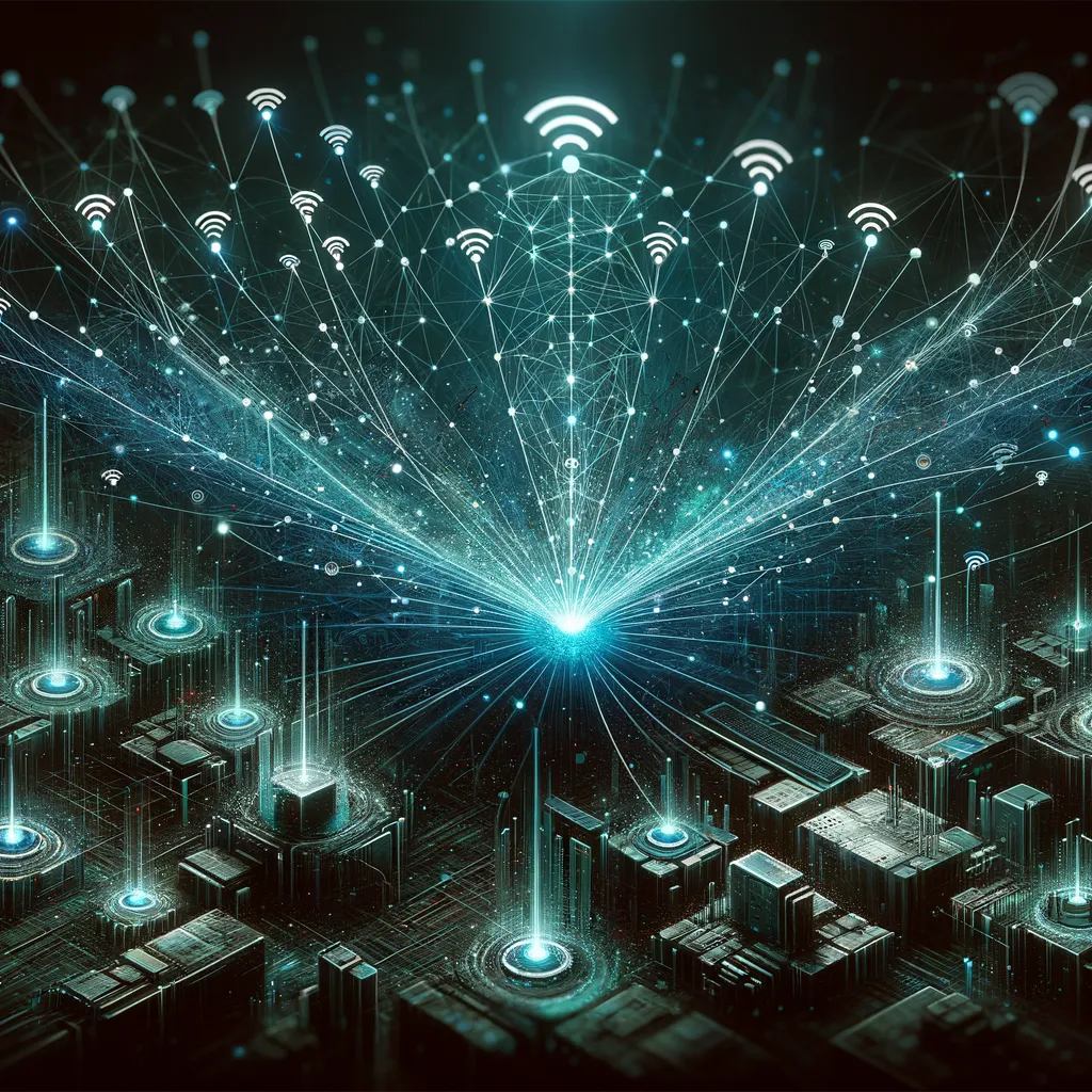 Dark digital banner: teal wireless nodes and intricate connections illustrating networking's mechanisms and impact.