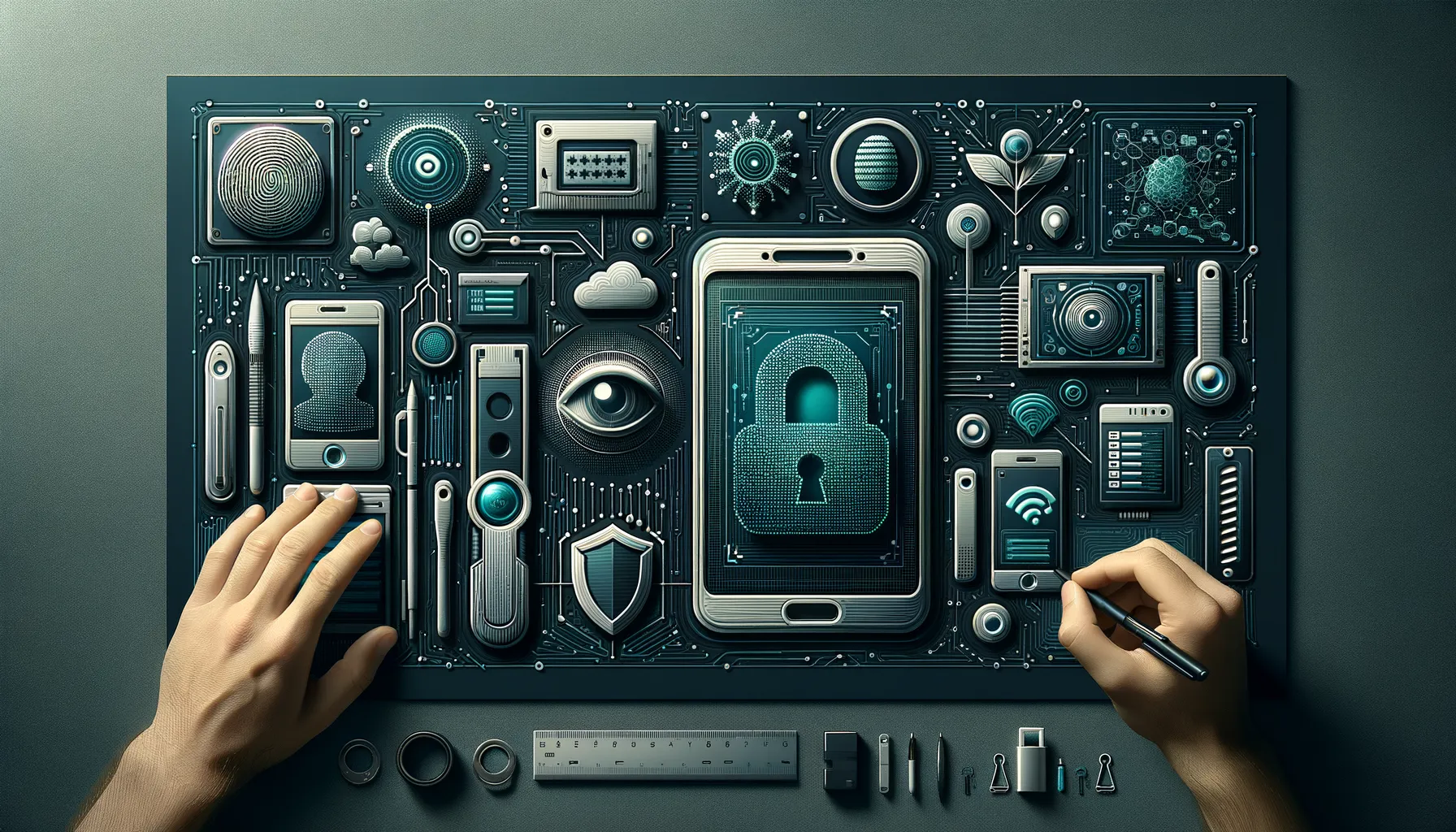 Dark tech banner: biometric scan, servers, passwords, encryption keys, secure cloud icons.