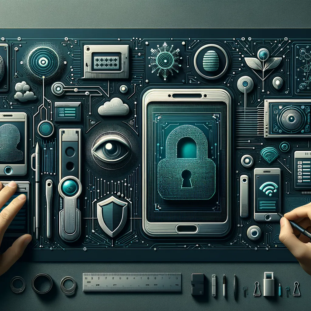 Dark tech banner: biometric scan, servers, passwords, encryption keys, secure cloud icons.